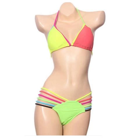 Women S Bandage Triangle Neon Bikini Set Swimsuit Bathing Suit Beach Swimwear In Bikinis Set
