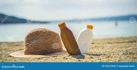 sun cream lie on beach skin and body care using sunscreen to skin stock image image of