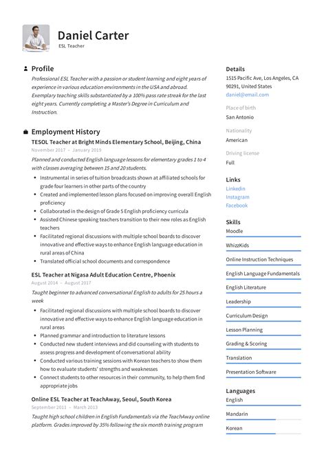 Instead of your impressive teaching history, it proves you're committed with a statement about your teacher career goals. ESL Teacher Resume Sample & Writing Guide | Resumeviking.com