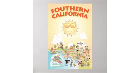 Sunny Cartoon Map Of Southern California Poster Zazzle