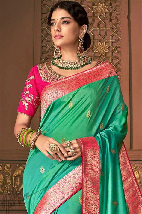 Buy Pure Banarasi Silk Embroidered Saree In Jade Green Online Like A Diva