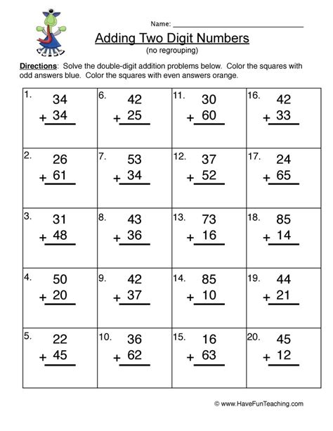 You can select the size of numbers and number of questions you want, then generate your own random worksheet in a matter of seconds. Two Digit Addition Without Regrouping Worksheet • Have Fun ...