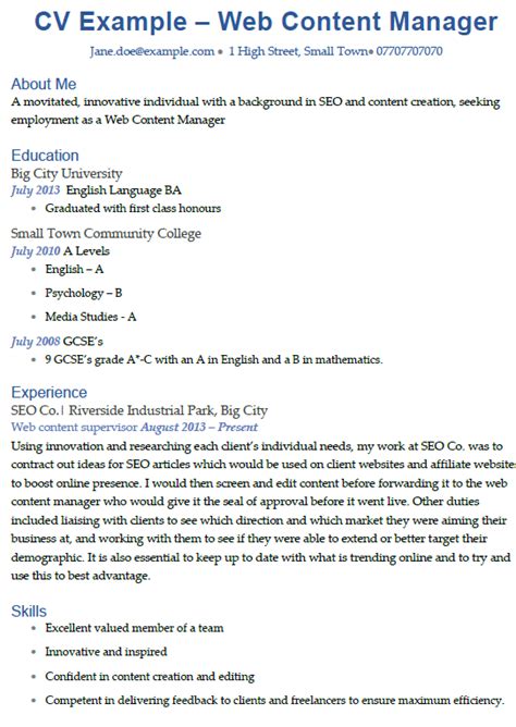 Nov 30, 2018 · joanna joined the careeraddict content team in 2017, and her role has evolved into a multifaceted one over time. Web Content Manager CV Example - icover.org.uk