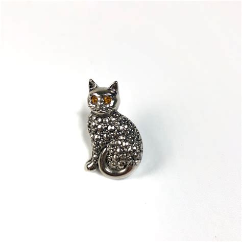 Vintage 80s Avon Silver Marcasite Orange Eye Cat Tac Pin Marcasite