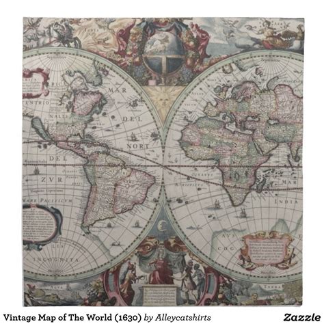 Vintage Map Of The World 1630 Cloth Napkin Map Old World Maps