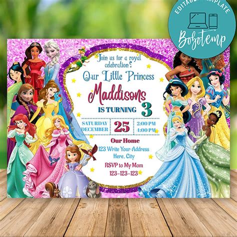 Editable Disney Princess Birthday Invitation Print At Home Bobotemp