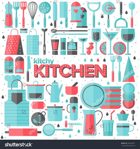 Flat Icons Set Of Kitchen Utensil And Collection Of Cookware Cooking
