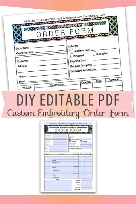 diy editable  embroidery order form invoice blank