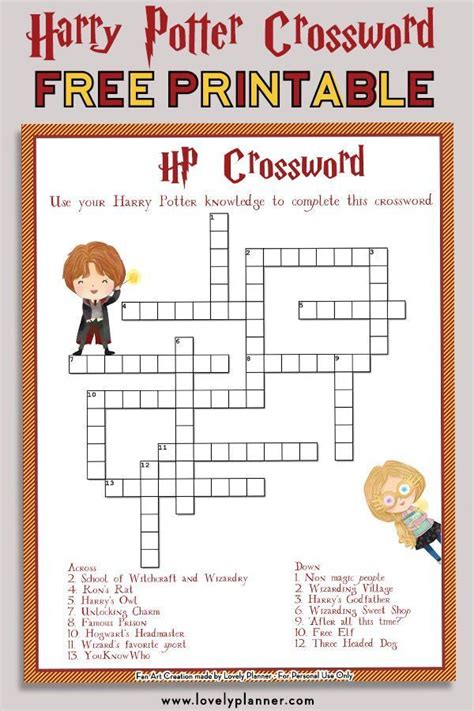 Free Printable Harry Potter Crossword Puzzle Solution Sheet A Fun