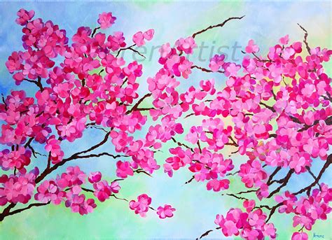 Painting On Canvas Sakura Tree Blooming Pink Sakura And Sky Etsy In