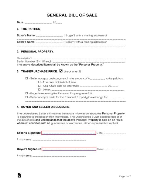 Free General Personal Property Bill Of Sale Form Pdf Word Eforms