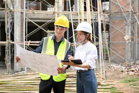 Female Civil Engineer Looking At The Blueprint During Discussing With A