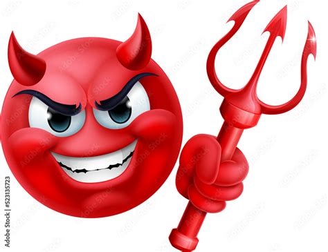 A Red Devil Or Satan Emoji Emoticon Man Face Holding A Trident