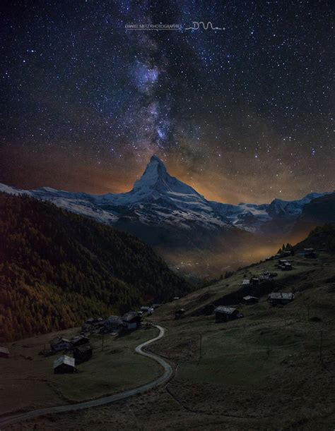 The Matterhorn By Night Over Zermatt Village Night Landscape