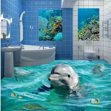 Custom Creative 3d Bathroom Cute Dolphin Floor Mural Environmental