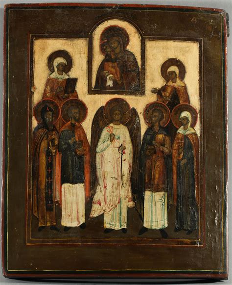 A Russian Icon Of A Guardian Angel Flanked By Saints C 1800 Black