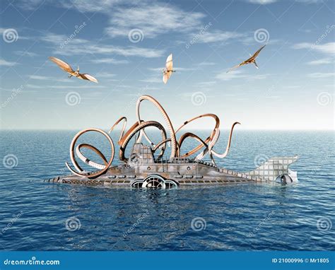 Submarine With Octopus And Flying Dinosaurs Stock Illustration