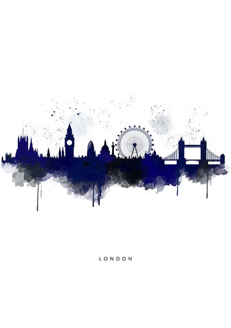 London City Skyline Cityscape Deep Blue Watercolour Print Etsy