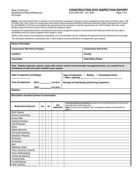 Construction Inspection Form Template