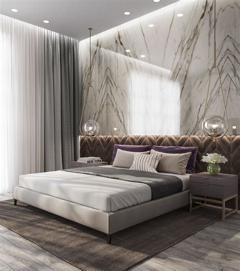 White Marble Wall In Master Bedroom With Gold Lighting And Grey