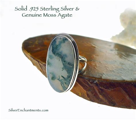 Large Moss Agate Ring in Solid Sterling Silver, Size 10