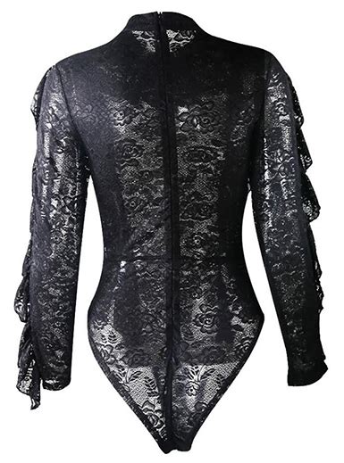 Womens Ruffled Chiffon Lace Bodysuit Long Sleeve Black