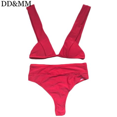 DD MM Sexy Bikini Set Women Swimwear Swimsuit Red Solid Bikinis High