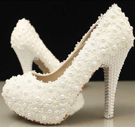 Handmade Ivory Lace Platform Wedding Bridal Shoes With Pearls Heels