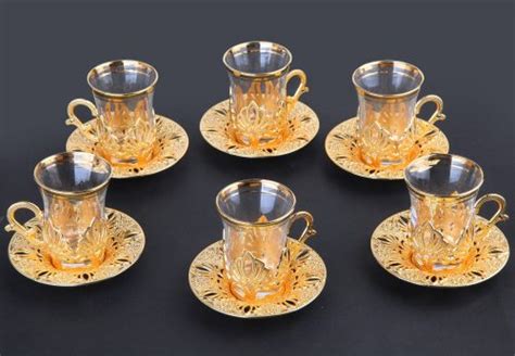 Gold Color Ahu Turkish Tea Cups Set For Six Person Traditional Turk