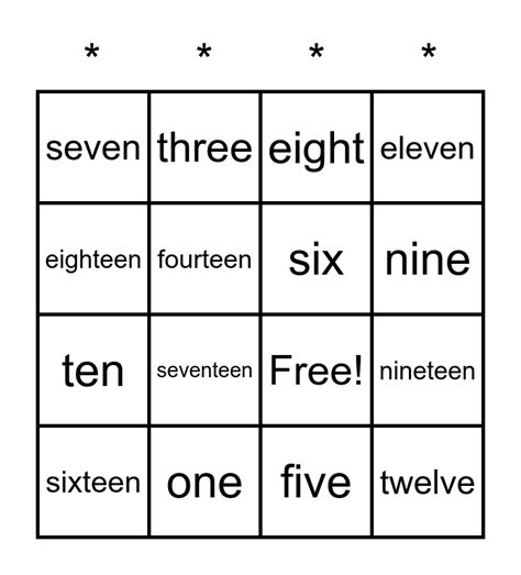 Number Words Bingo Card
