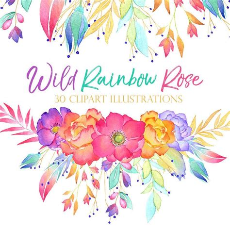 Watercolor Rose Clipart Wild Roses Rainbow Flowers Wedding Etsy
