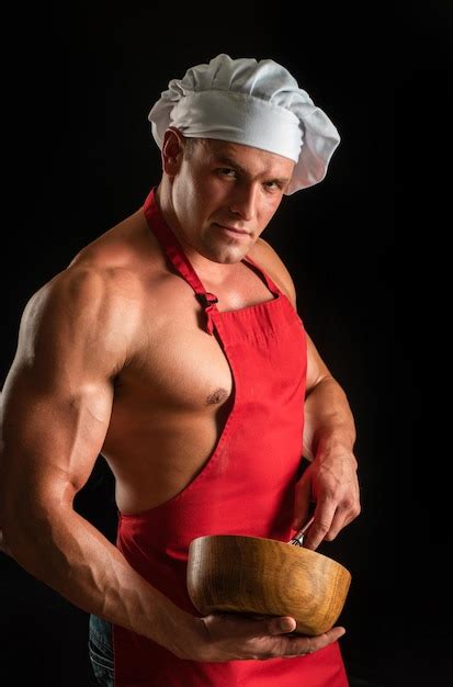 Premium Photo Sexy Cooking Man In Apron Muscular Chef With Bowl Sports Diet