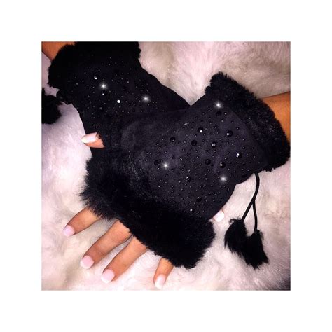 Black Crystal Faux Fur Fingerless Gloves Shop Accessories From