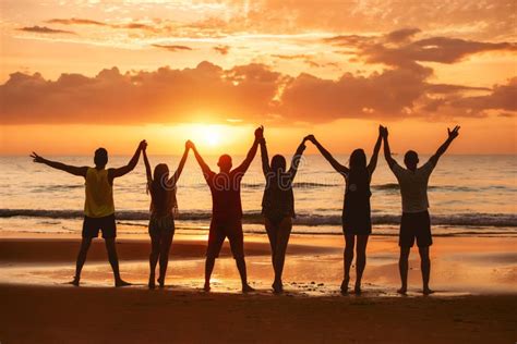 Happy Friends Raised Arms Together Sunset Sea Stock Photo Image Of