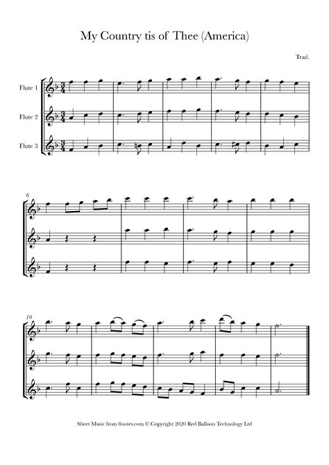 My Country Tis Of Thee America Sheet Music For Flute Trio