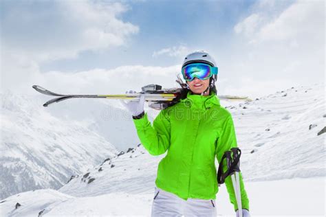 Beautiful Brunette Woman With Ski Stock Image Image Of Frost Healthy 83820665