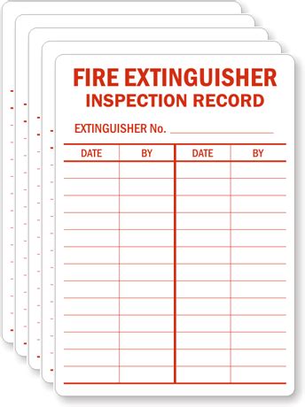 Fire extinguishers must be given a monthly visual inspection, an annual inspection and maintenance, and if the proper fire extinguisher is used correctly, more than 90% of fires are extinguishable so it's very important to make sure your extinguishers are in good working order. Fire Extinguisher Inspection Record Label, SKU: L-0396-VS - MySafetySign.com