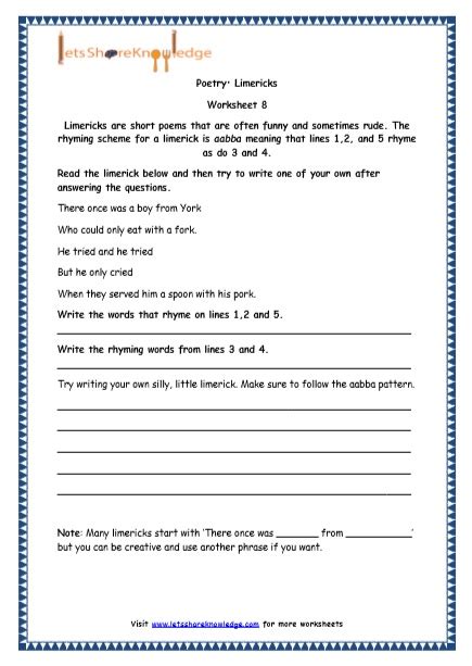 Grade 4 English Resources Printable Worksheets Topic Poetry Lets