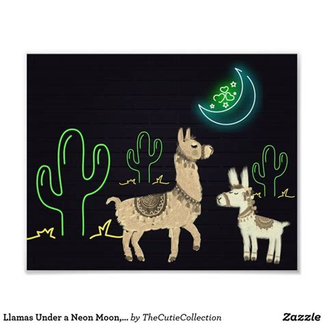 Llamas Under A Neon Moon Neon Cactus Desert Poster Zazzle Neon