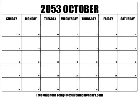 October 2053 Calendar Free Blank Printable With Holidays