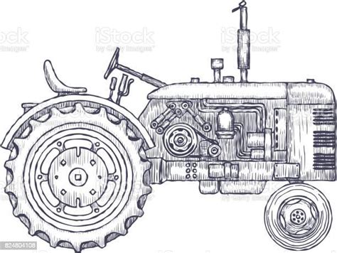 Traktor Pertanian Vintage Sketsa Ilustrasi Vektor Yang Digambar Dengan