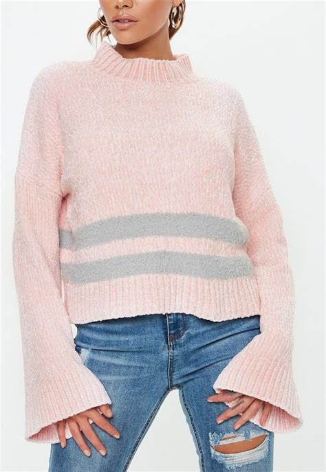 Pink Chenille Stripe Flare Sleeve Sweater Missguided