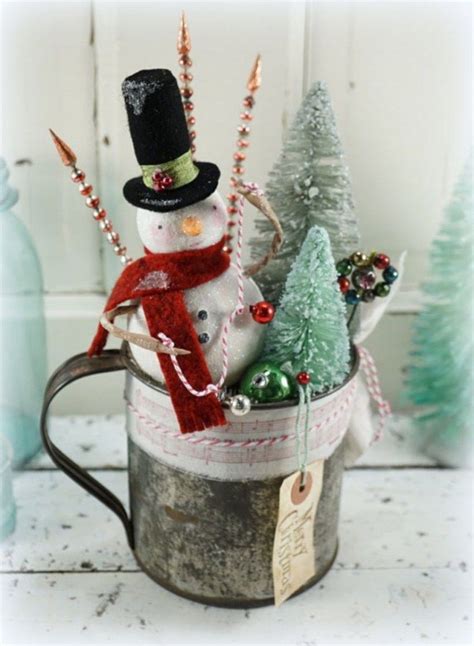 A Snowman In A Bucket With Christmas Trees