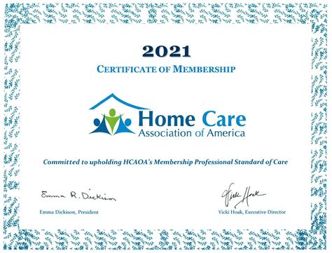 2021 Certificate Of Membership Home Care Association Of America