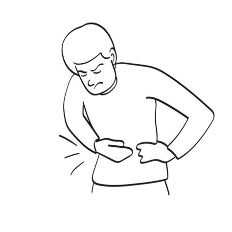 Young man presses his hand to stomach in pain illustration vector hand