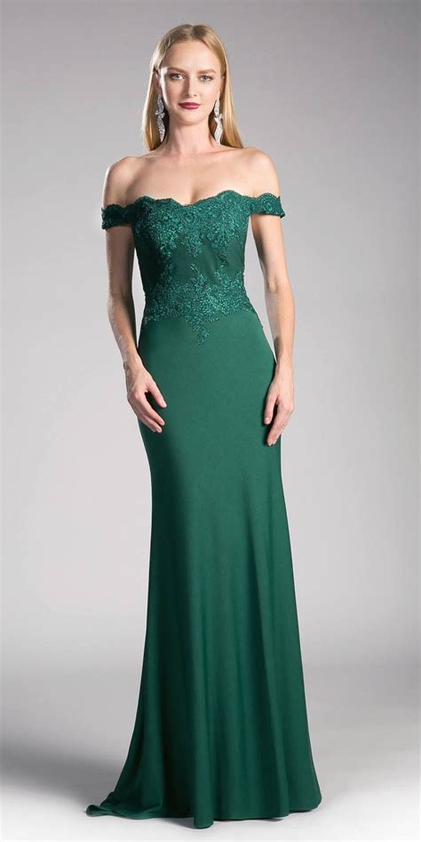 Emerald Green Off Shoulder Floor Length Evening Gown Applique Bodice