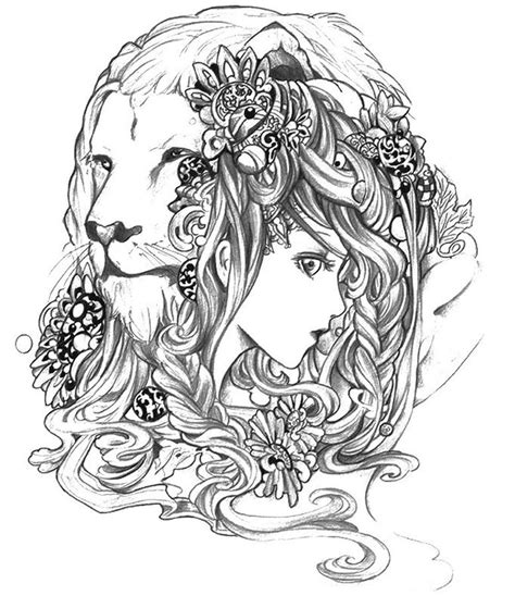 Advanced Abstract Coloring Pages Of Lion And Girl For Adults Leo And