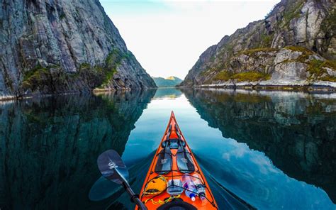 Download Wallpapers Norway Fjord Mountains Kayak Lake Europe For