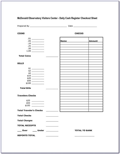 Daily Cash Drawer Balance Sheet Template