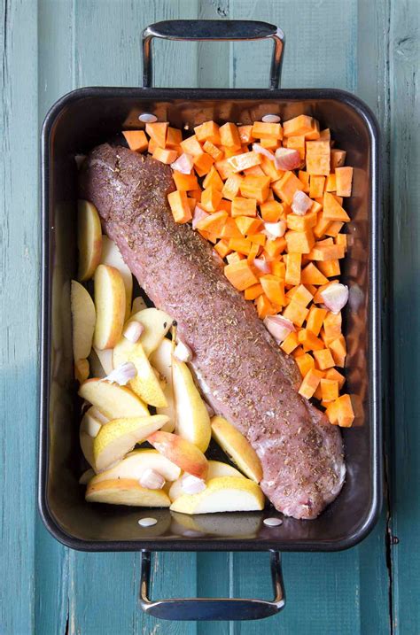 Meanwhile, peel and quarter potatoes; Baked Pork Loin With Sweet Potatoes Recipe — Dishmaps